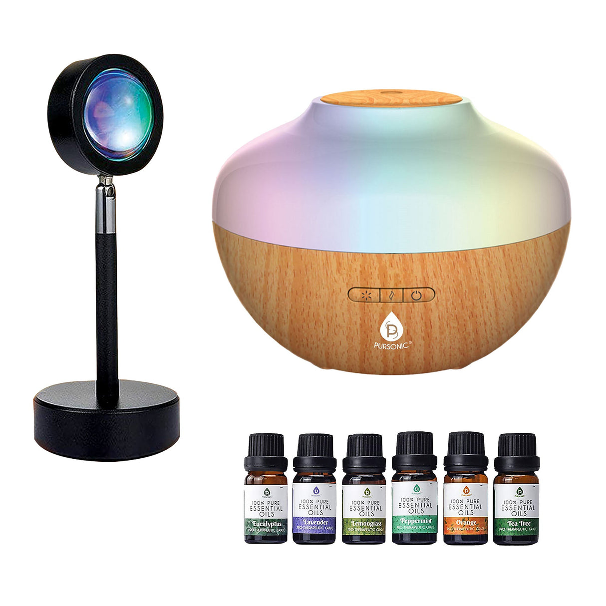 Pursonic Sunset Projector Table Lamp with Essential Oil Aroma Diffuser & 6-Pack of 100% Pure Aromatherapy Oils by Pursonic