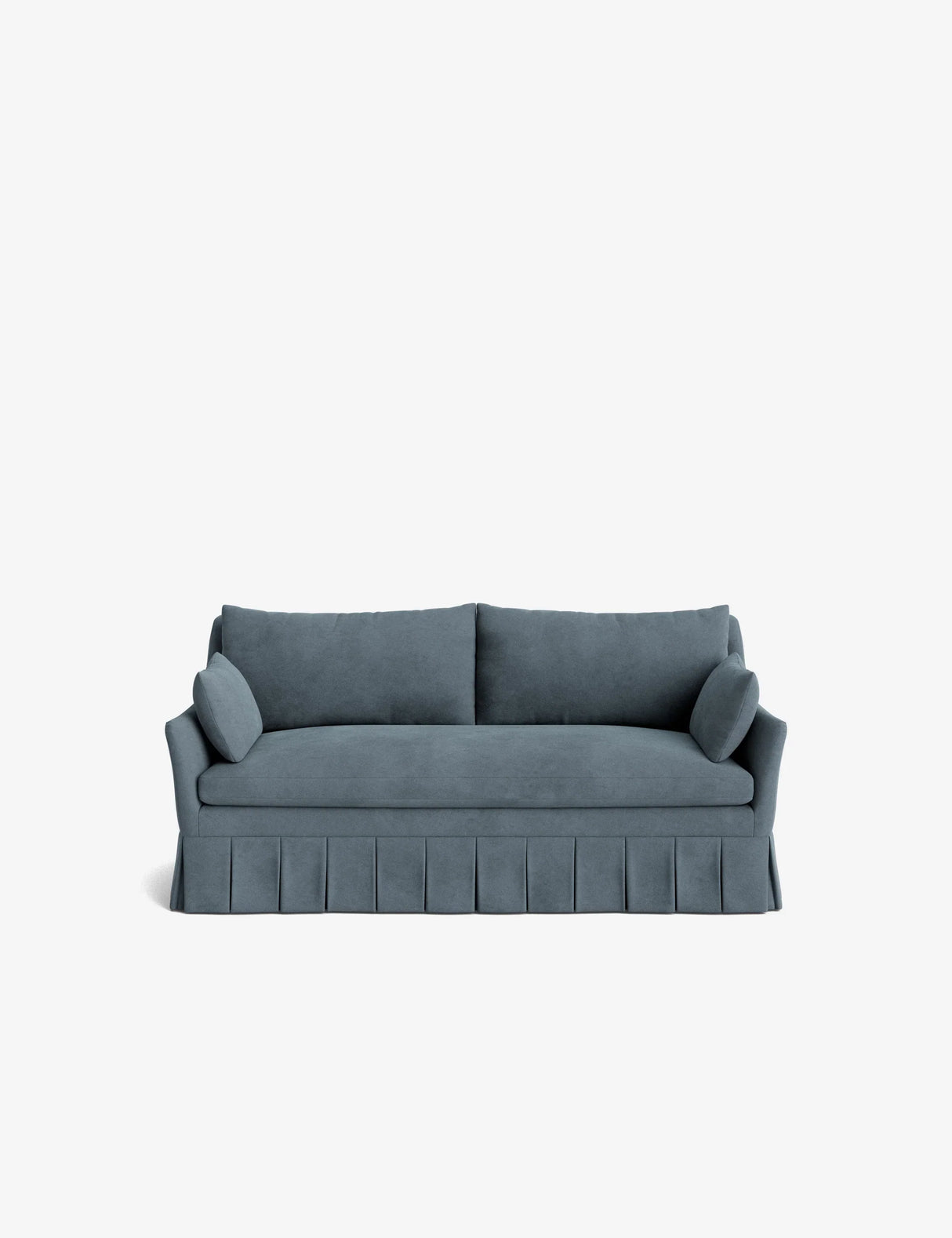 The Portola Pleated Sofa is a teal plush sofa that includes two cushioned backrests and matching armrests, featuring a pleated skirt at the base, all set against a plain white background.