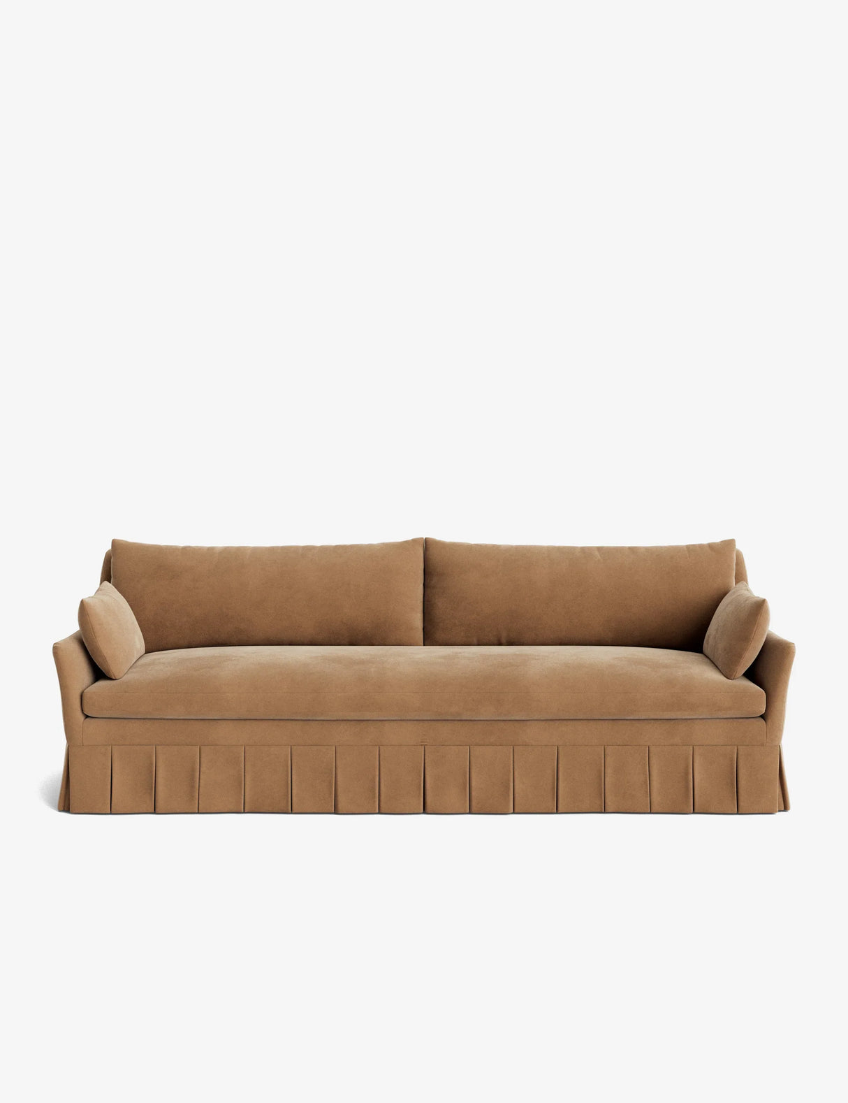 Presenting the Portola Pleated Sofa: A minimalist design featuring rich brown velvet, two cylindrical side cushions, and a pleated skirt, perfectly highlighted against a plain white background.