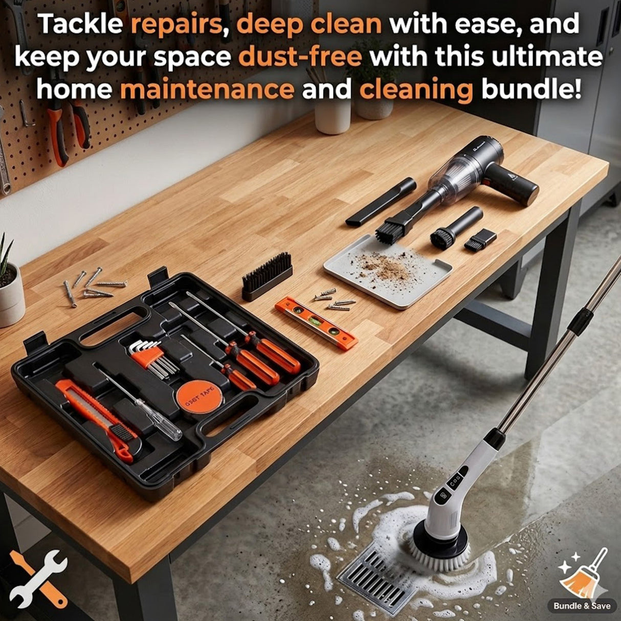 π οΈ Handy Solutions 16-Piece Tool Kit + Cordless Power Scrubber + 2-in-1 Mini Wireless Vacuum & Air Duster Bundle π