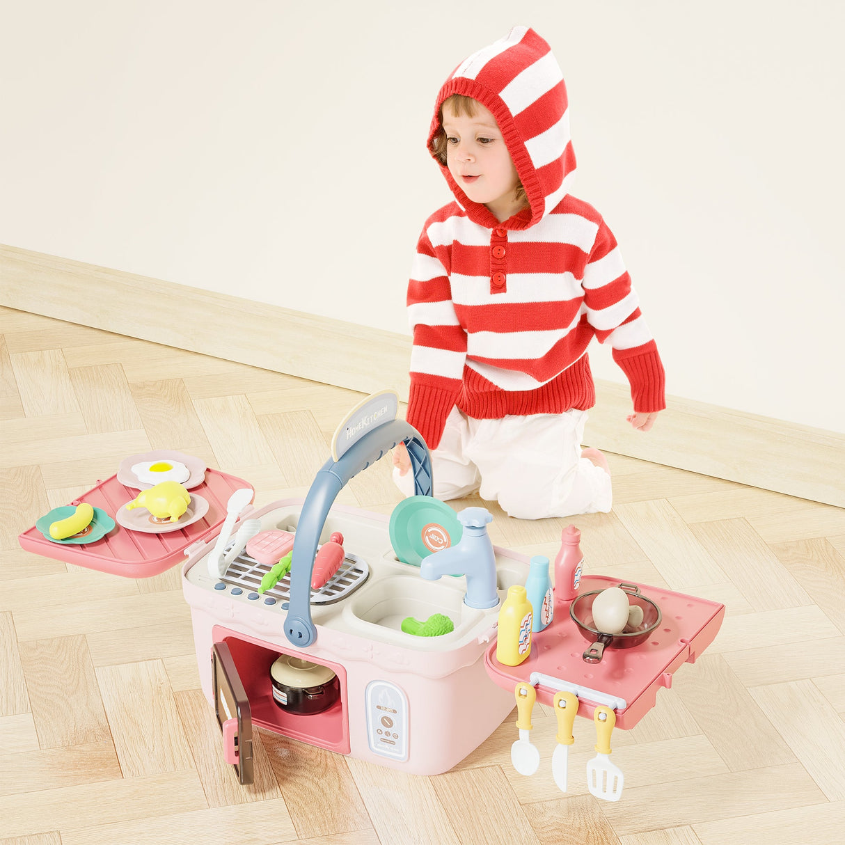 Contixo Kids Kitchen & Picnic Playset, Toddler Toys, Ages 3+, Interactive Grill, Sink & Oven, Mini Kitchen w/ Music & Lights, Color-Changing Foods, Boys & Girls by Contixo