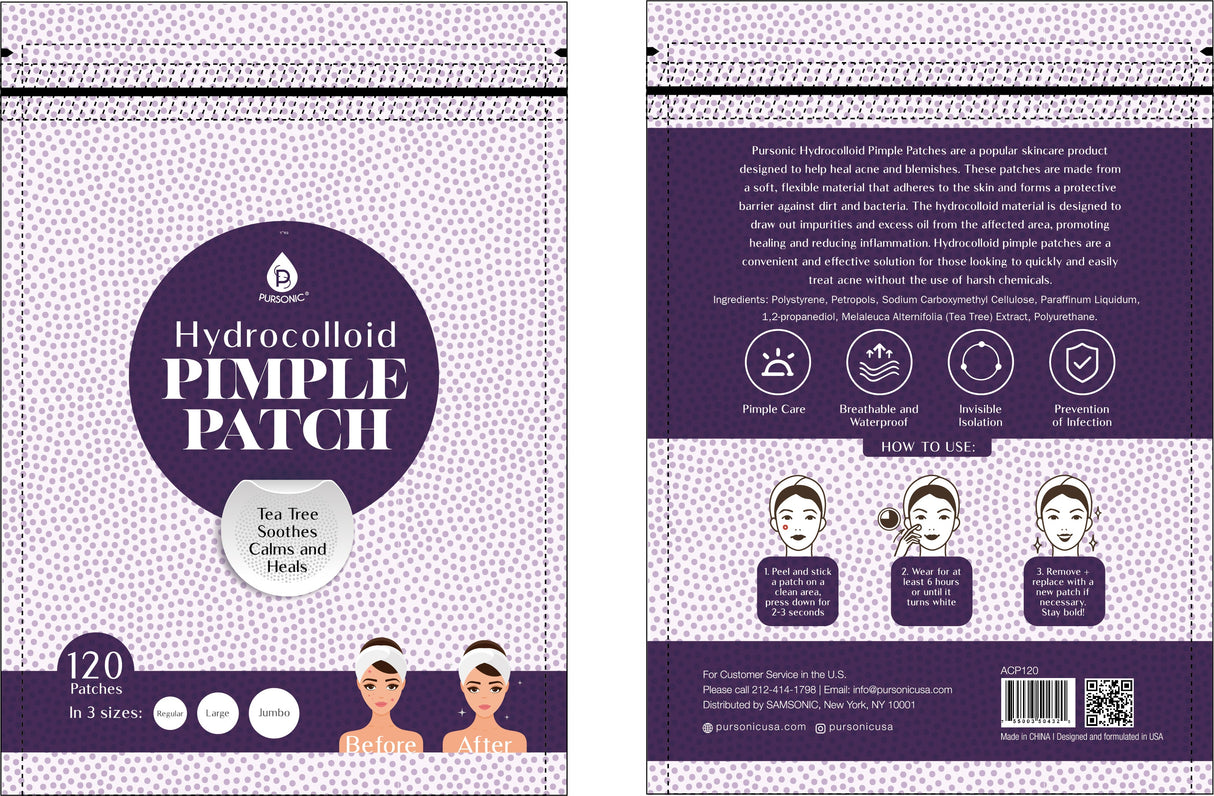 Hydrocolloid Pimple Patch, 120-Count, Multi Size Acne Solution by Pursonic