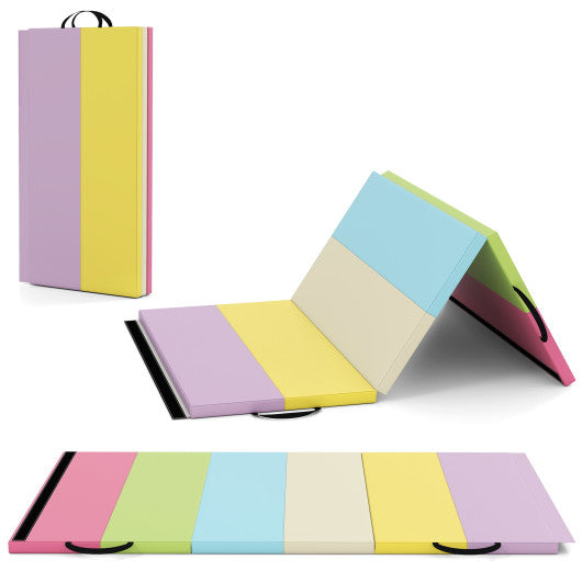 PU Leather Tri-Folding Gymnastics Tumbling Mat with Carrying Handles-Macaron