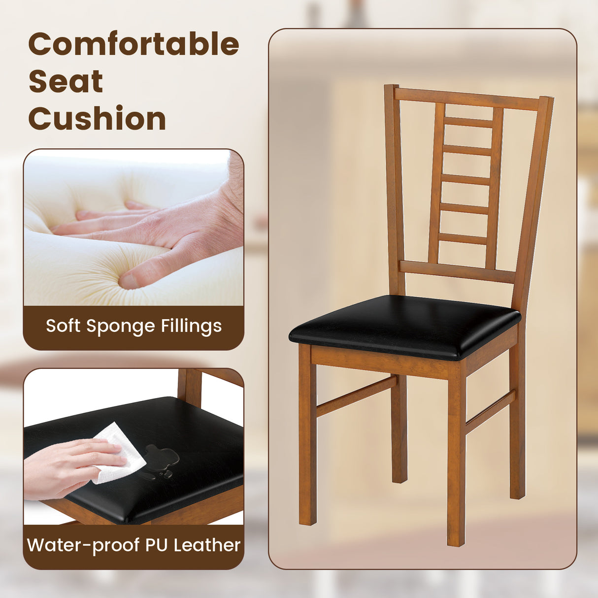 PU Leather Upholstered Wood Dining Chairs Set of 4-Walnut