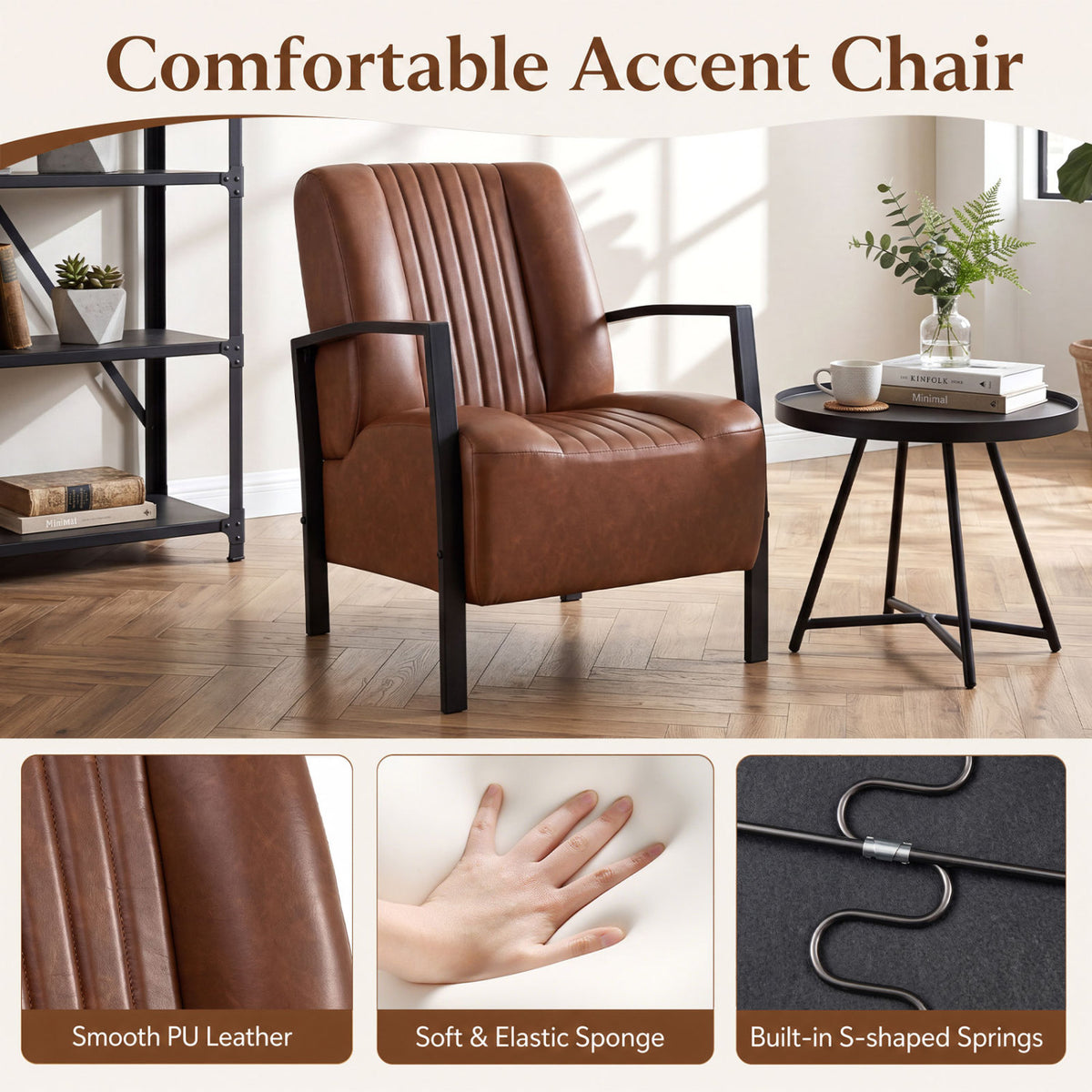 PU Leather Upholstered Armchair with Padded Seat and Back Comfy Lounge Reading Chair-Brown