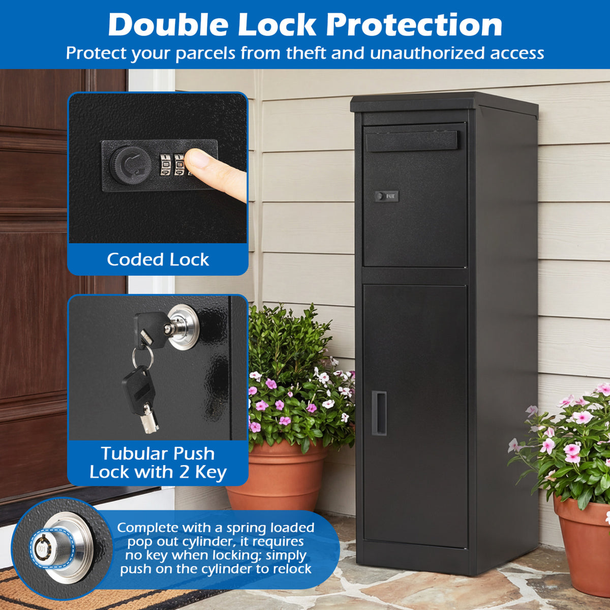 Package Delivery Box for Outside with Lockable Doors Coded Lock-Black