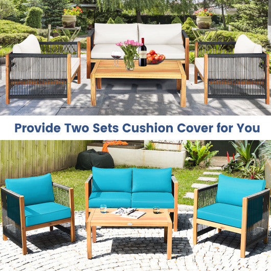 4 Pieces Wood Outdoor Patio Furniture Set with Cushions for Garden-Turquoise