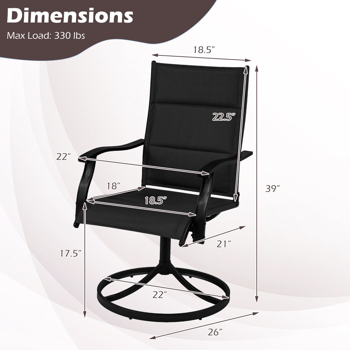 Padded Patio Swivel Chairs Set of 2 Ergonomic Outdoor Dining Chairs with Breathable Fabric-Black