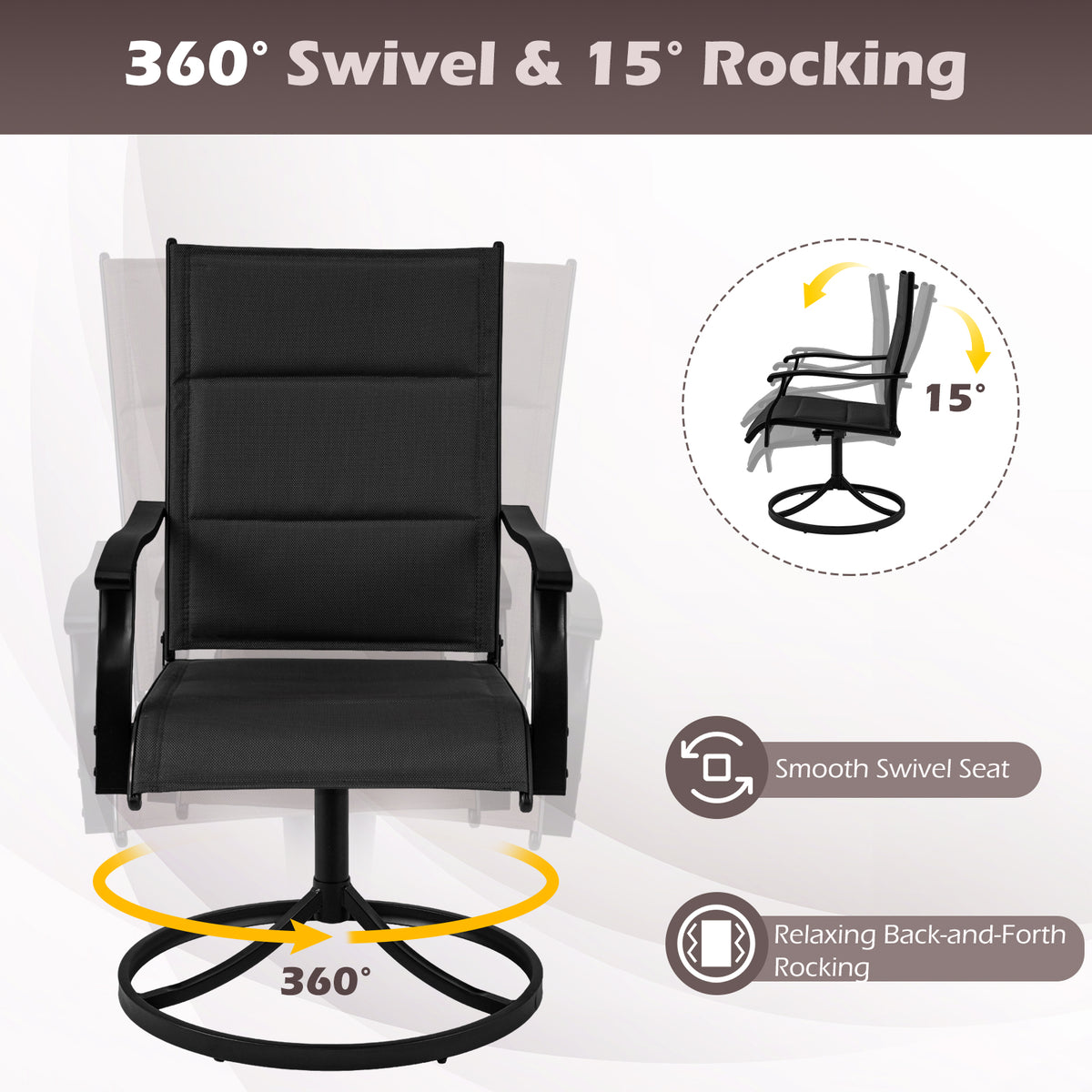 Padded Patio Swivel Chairs Set of 2 Ergonomic Outdoor Dining Chairs with Breathable Fabric-Black