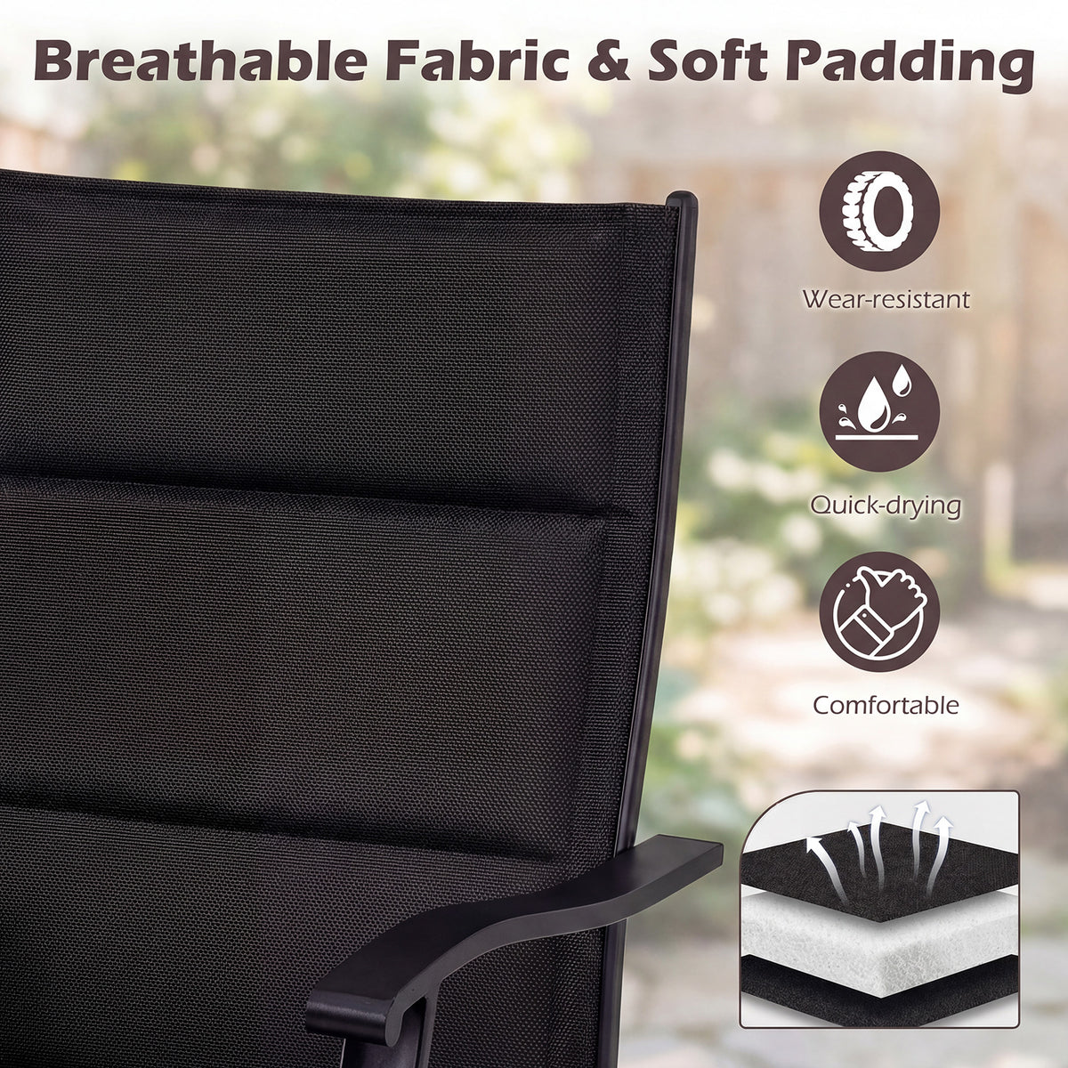 Padded Patio Swivel Chairs Set of 2 Ergonomic Outdoor Dining Chairs with Breathable Fabric-Black
