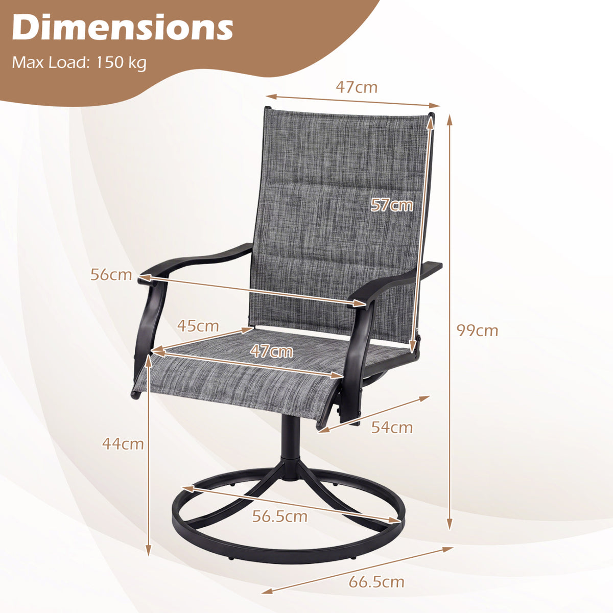 Padded Patio Swivel Chairs Set of 2 Ergonomic Outdoor Dining Chairs with Breathable Fabric-Gray