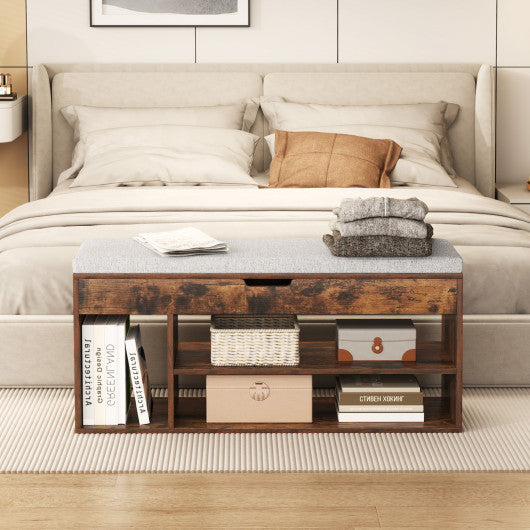 Padded Seat Shoe Bench with Hidden Storage and 3 Open Shelves-Coffee