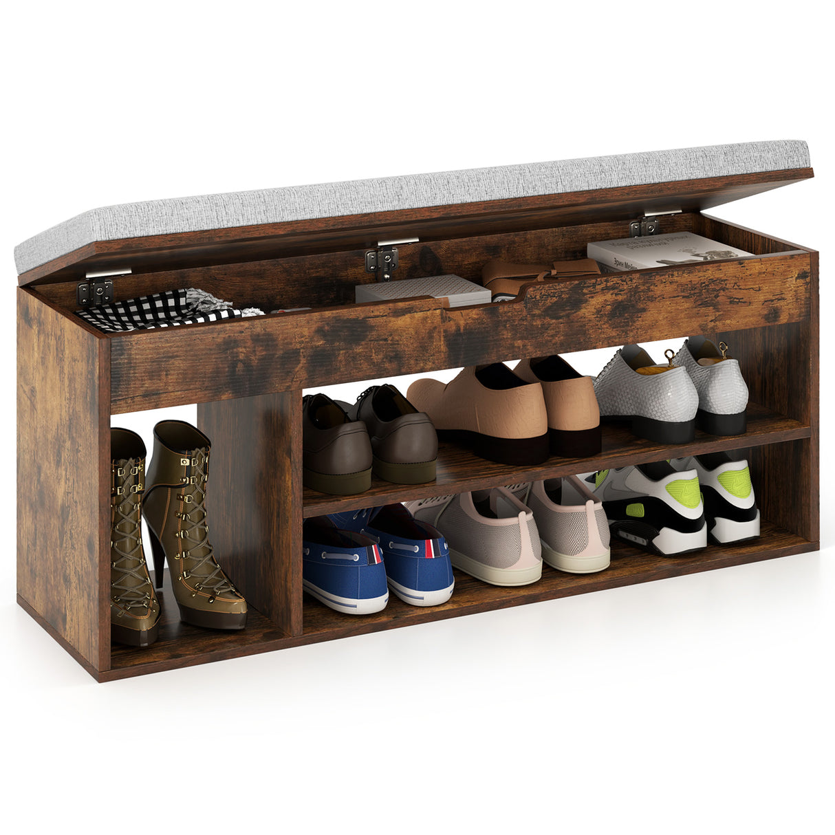 Padded Seat Shoe Bench with Hidden Storage and 3 Open Shelves-Coffee
