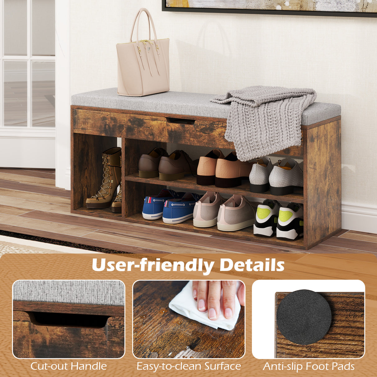 Padded Seat Shoe Bench with Hidden Storage and 3 Open Shelves-Coffee