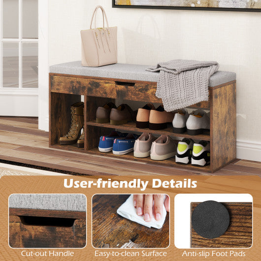 Padded Seat Shoe Bench with Hidden Storage and 3 Open Shelves-Coffee