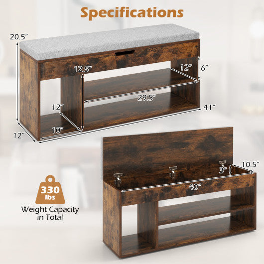 Padded Seat Shoe Bench with Hidden Storage and 3 Open Shelves-Coffee
