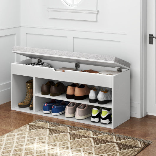 Padded Seat Shoe Bench with Hidden Storage and 3 Open Shelves-White