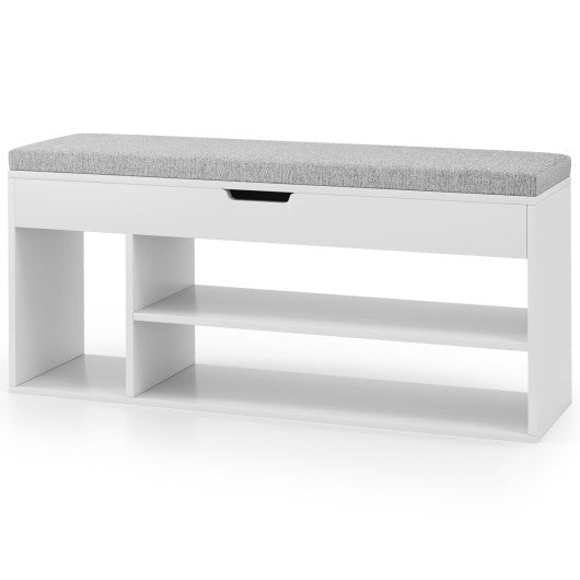Padded Seat Shoe Bench with Hidden Storage and 3 Open Shelves-White
