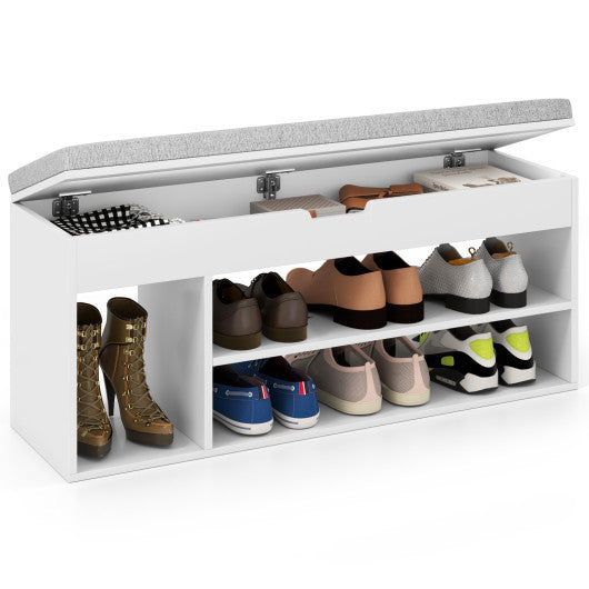 Padded Seat Shoe Bench with Hidden Storage and 3 Open Shelves-White