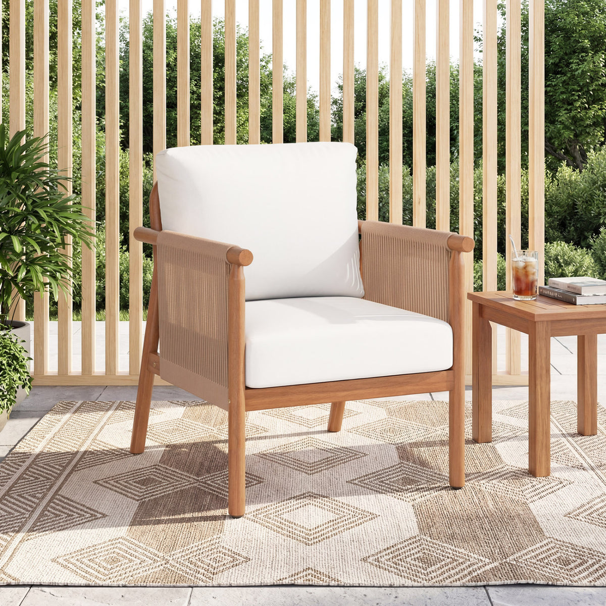 Patio Acacia Wood Chair Set of 4 with Woven Rope Armrests and Seat Back Cushions for Backyard-White