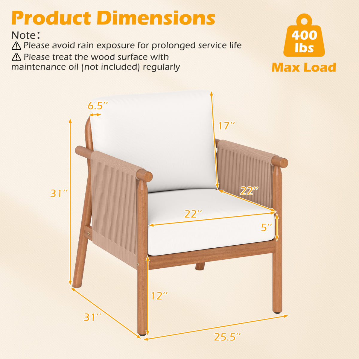 Patio Acacia Wood Chair Set of 4 with Woven Rope Armrests and Seat Back Cushions for Backyard-White