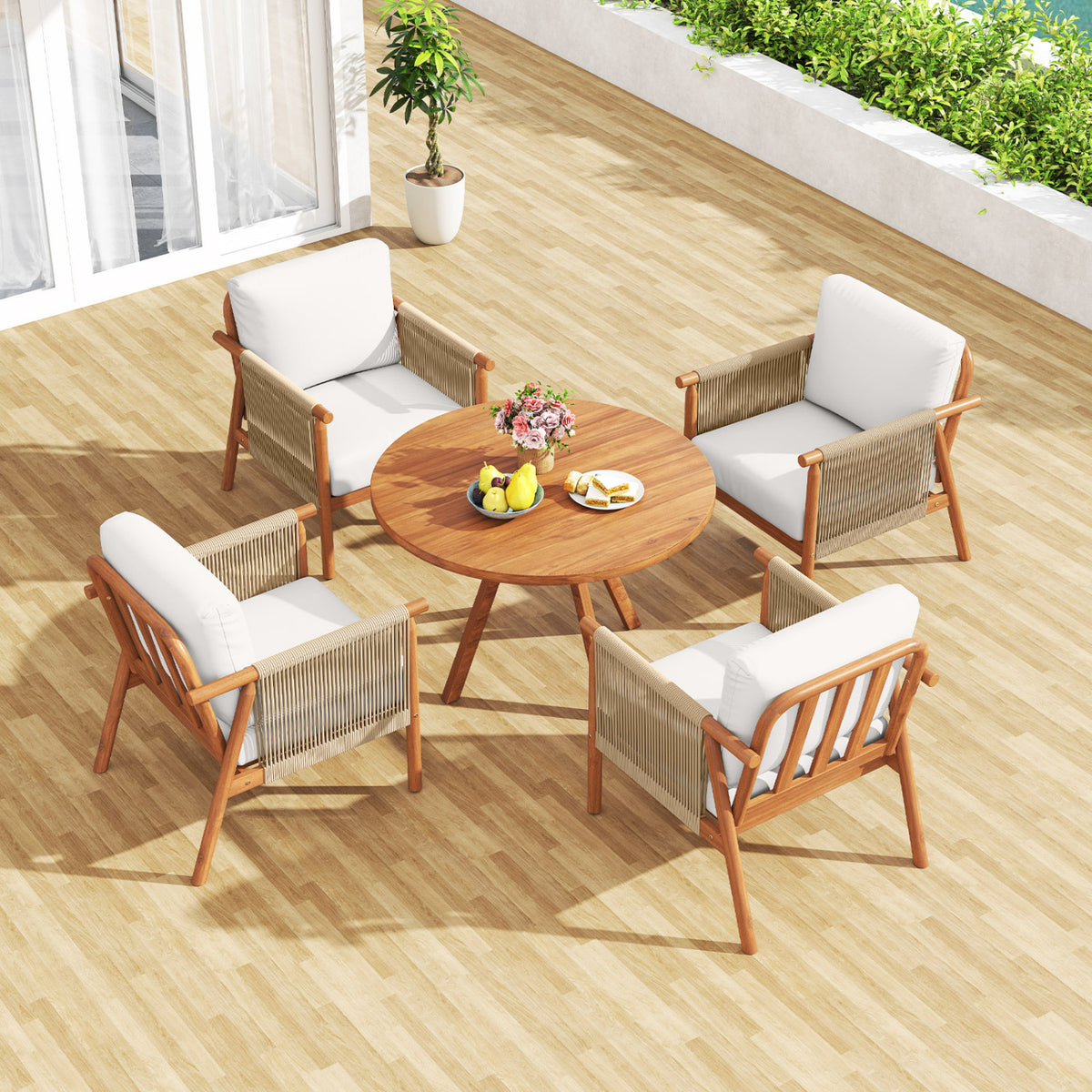 Patio Acacia Wood Chair with Woven Rope Armrests and Seat Back Cushions for Backyard-White