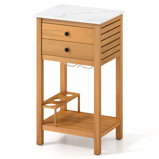 Patio Acacia Wood Storage Cabinet Patio Buffet Cabinet Bar Table with Faux Marble Countertop