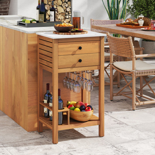 Patio Acacia Wood Storage Cabinet Patio Buffet Cabinet Bar Table with Faux Marble Countertop