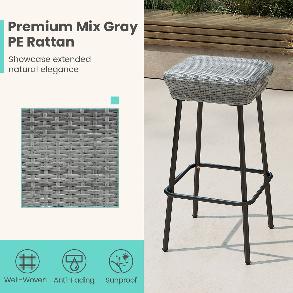 29.5 Inches Patio Bar Stools Set of 2 with Rattan Seat and Footrest