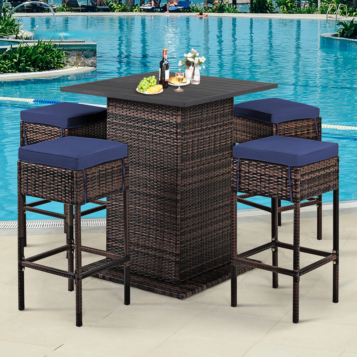 5 Pieces Patio Rattan Bar Table Stool Set Hidden Storage Shelf Cushioned-White