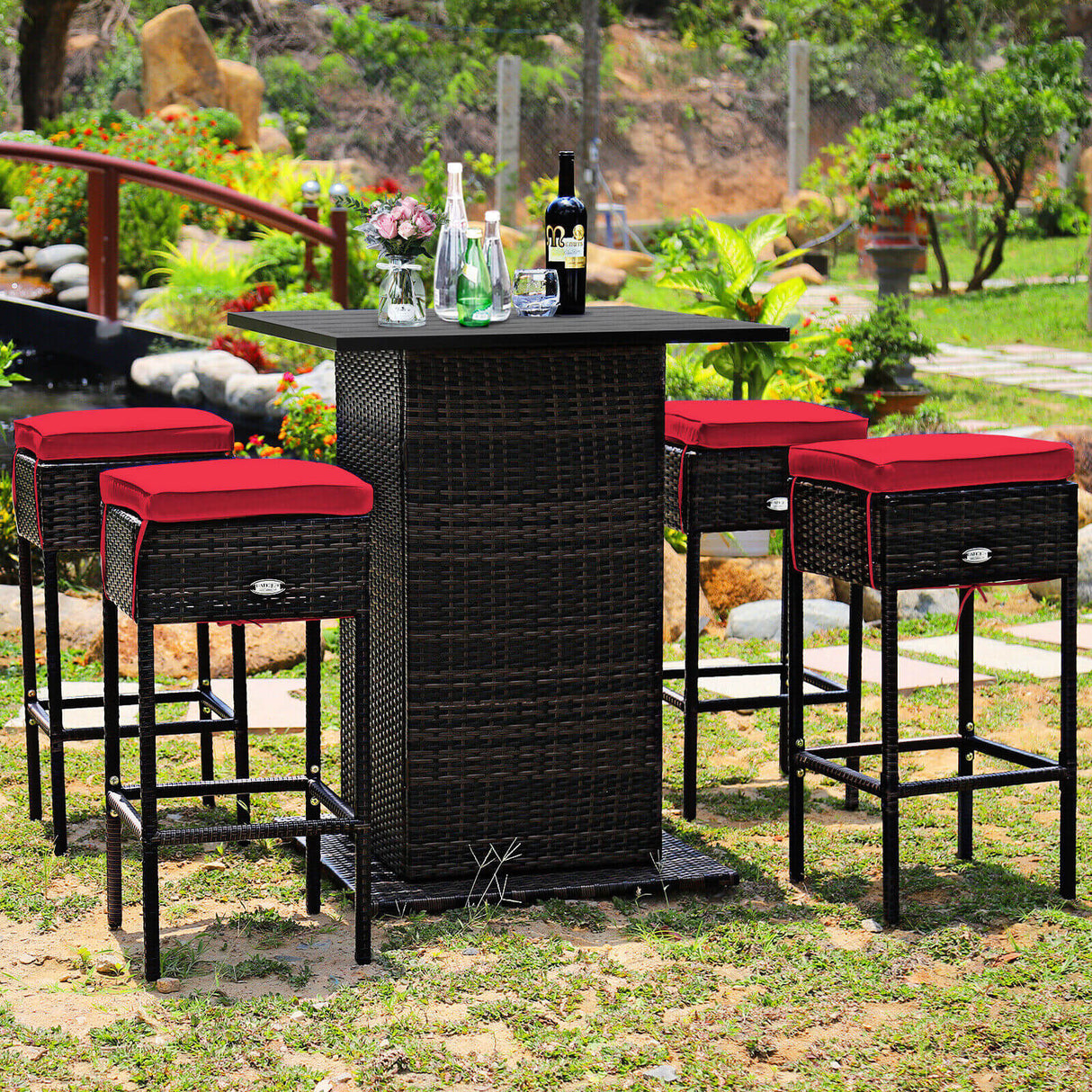 5 Pieces Patio Rattan Bar Table Stool Set Hidden Storage Shelf Cushioned-White