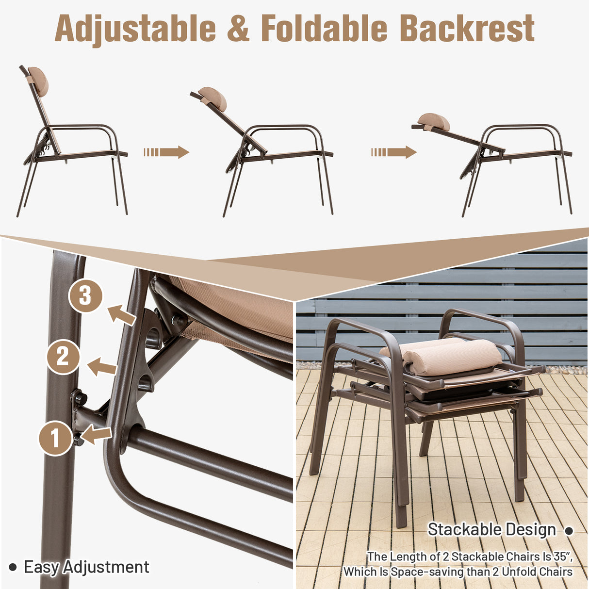 3 Pieces Patio Bistro Furniture Set with Adjustable Backrest-Black
