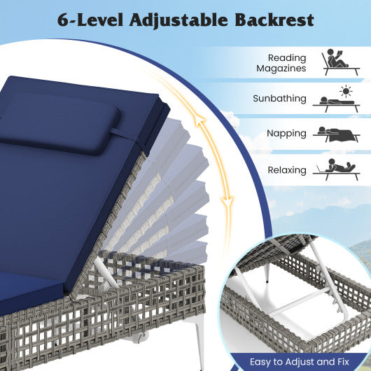 Patio Chaise Lounge Chair with 6-Level Adjustable Backrest and Headrest for Poolside-Navy