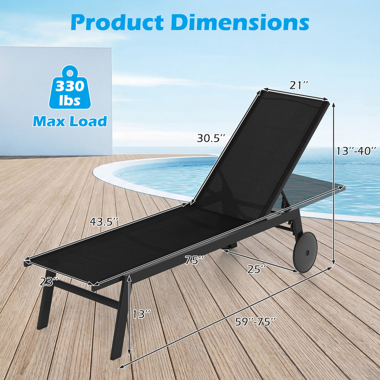 Patio Chaise Lounge Chair with Wheels and 6-Level Adjustable Backrest Set of 2