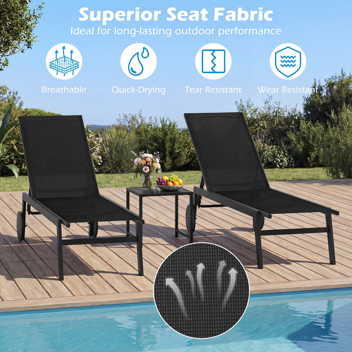 Patio Chaise Lounge Chair with Wheels and 6-Level Adjustable Backrest Set of 2