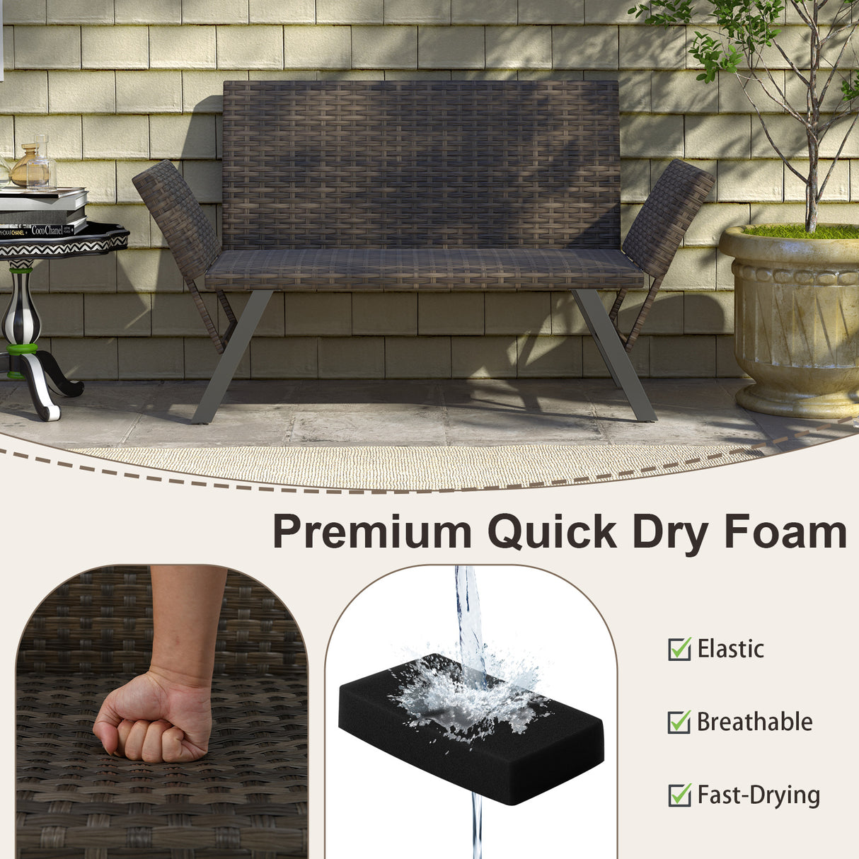 Patio Convertible Sofa for 2 Quick Dry Foam Padded Rattan with Armrests-Gray