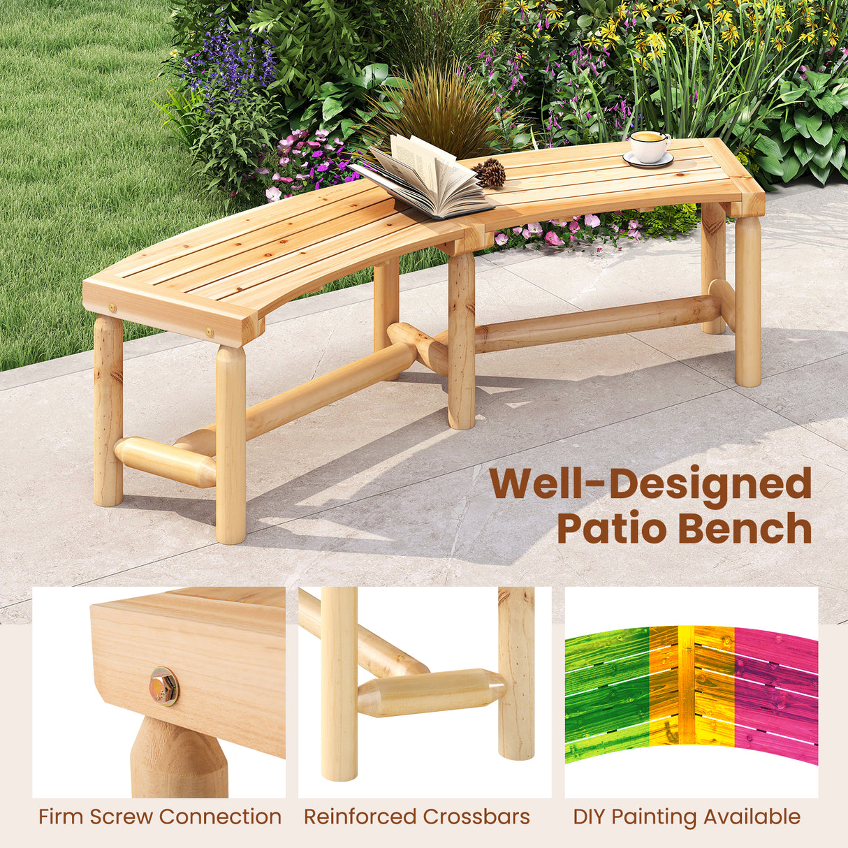 Patio Curved Bench Solid Wood Fire Pit Bench Outdoor Backless Loveseat-Natural