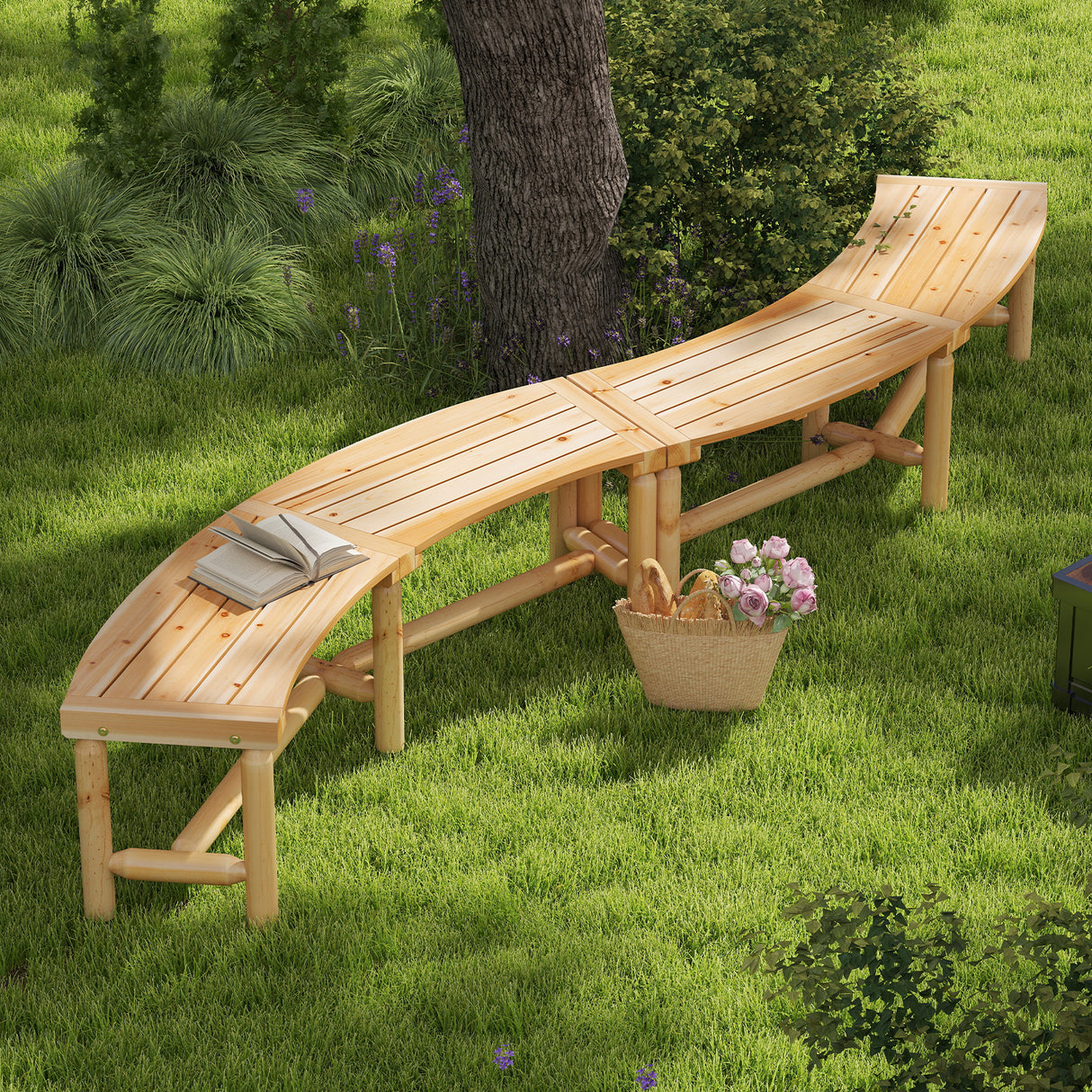 Patio Curved Bench Solid Wood Fire Pit Bench Outdoor Backless Loveseat-Natural
