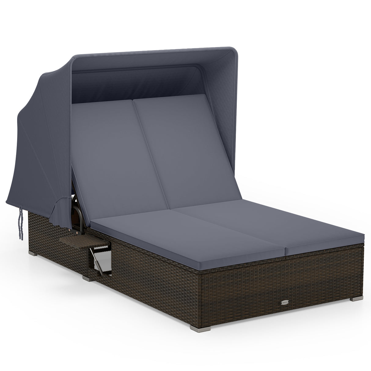 Patio Double Chaise Lounge with Shade Cushions and Folding Side Trays-Gray