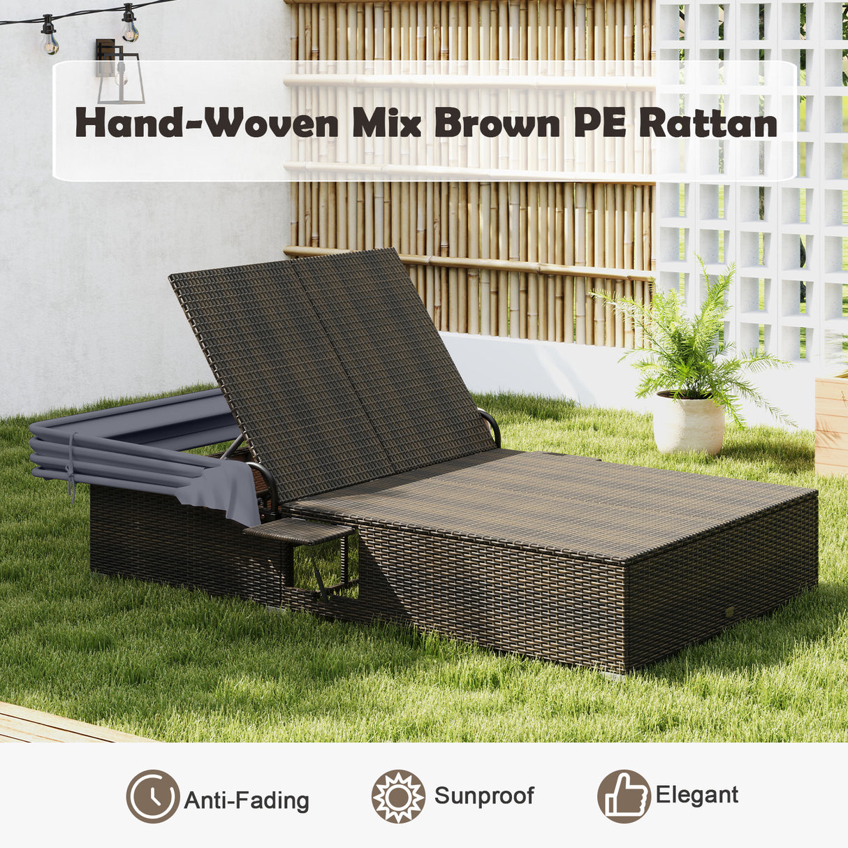 Patio Double Chaise Lounge with Shade Cushions and Folding Side Trays-Gray
