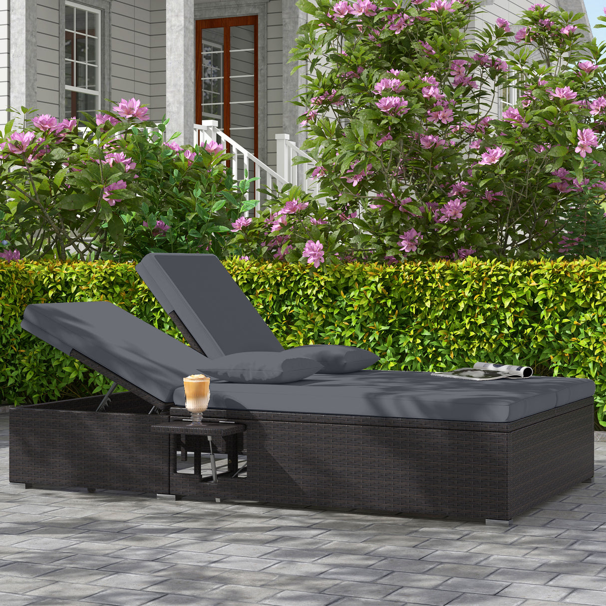 Patio Double Chaise Lounge with Cushions and Folding Side Trays-Gray