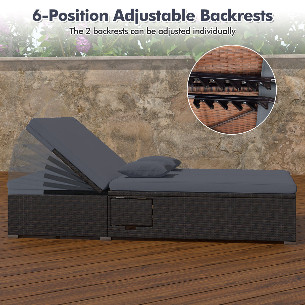 Patio Double Chaise Lounge with Cushions and Folding Side Trays-Gray