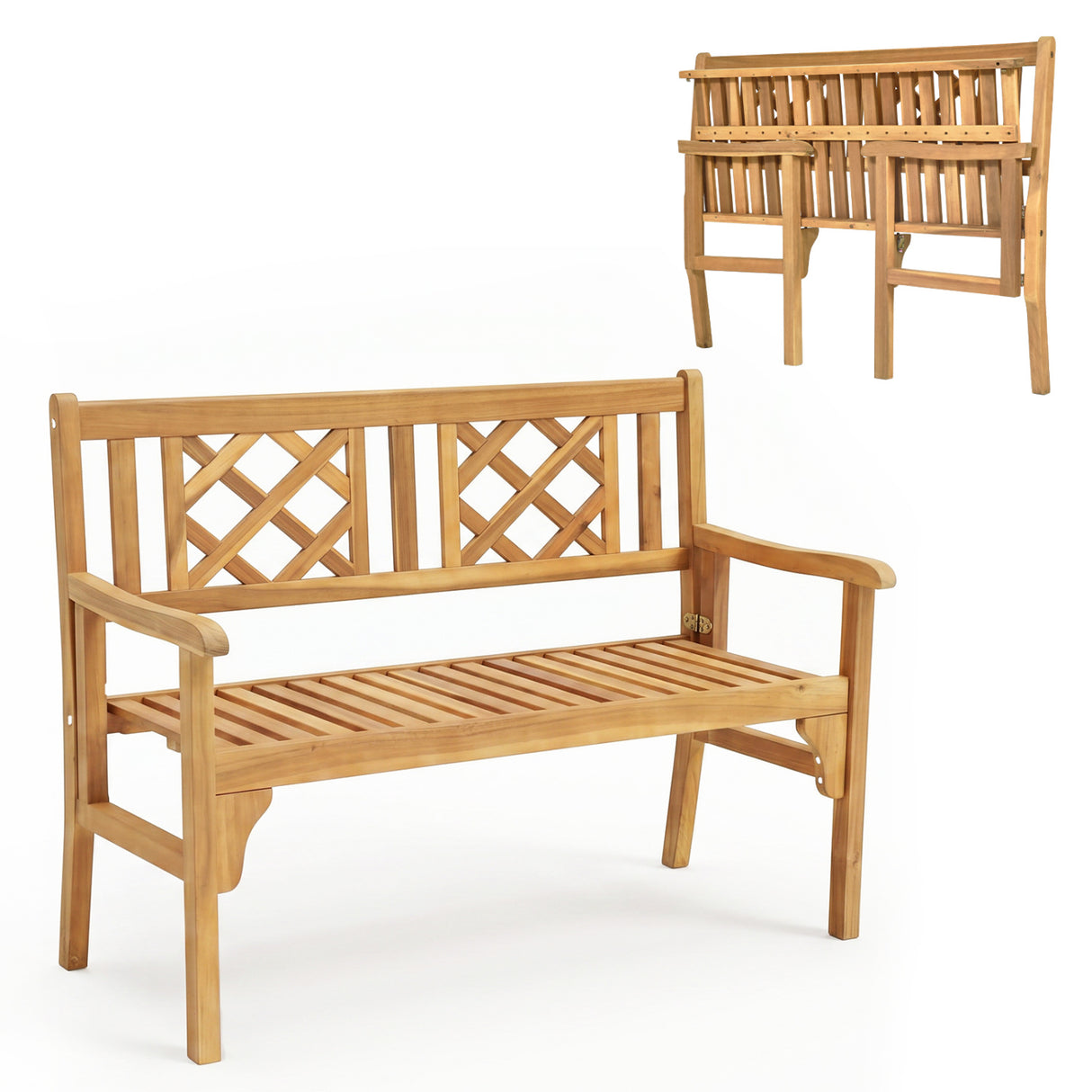 Patio Foldable Bench with Curved Backrest and Armrest