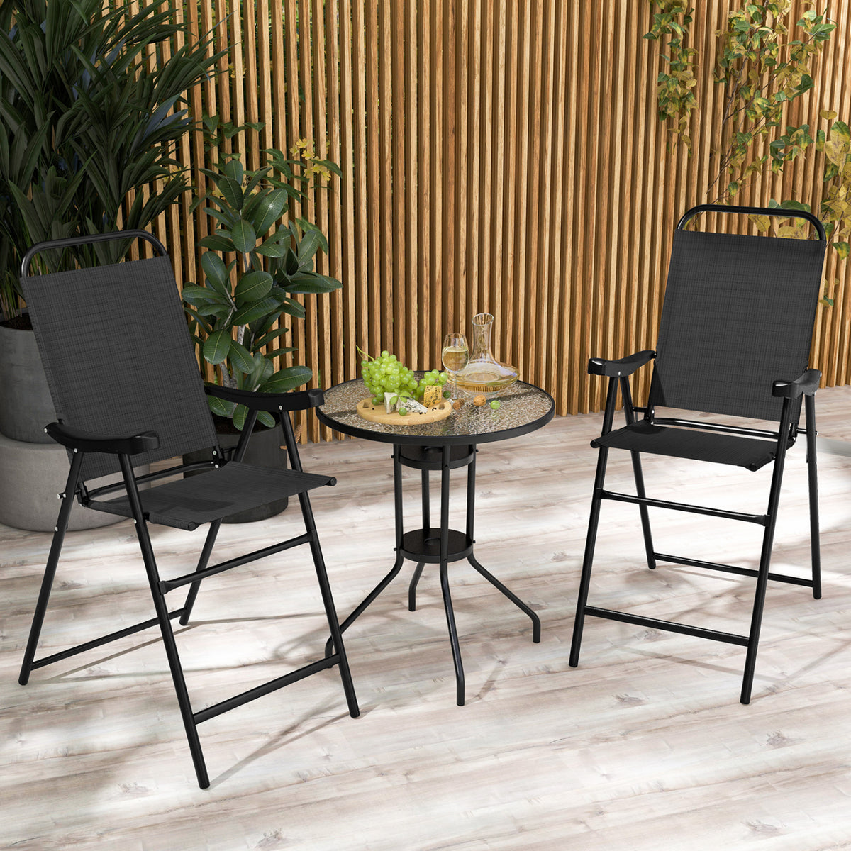 Patio Folding Bar Stool Set of 2 with Metal Frame and Footrest-Black