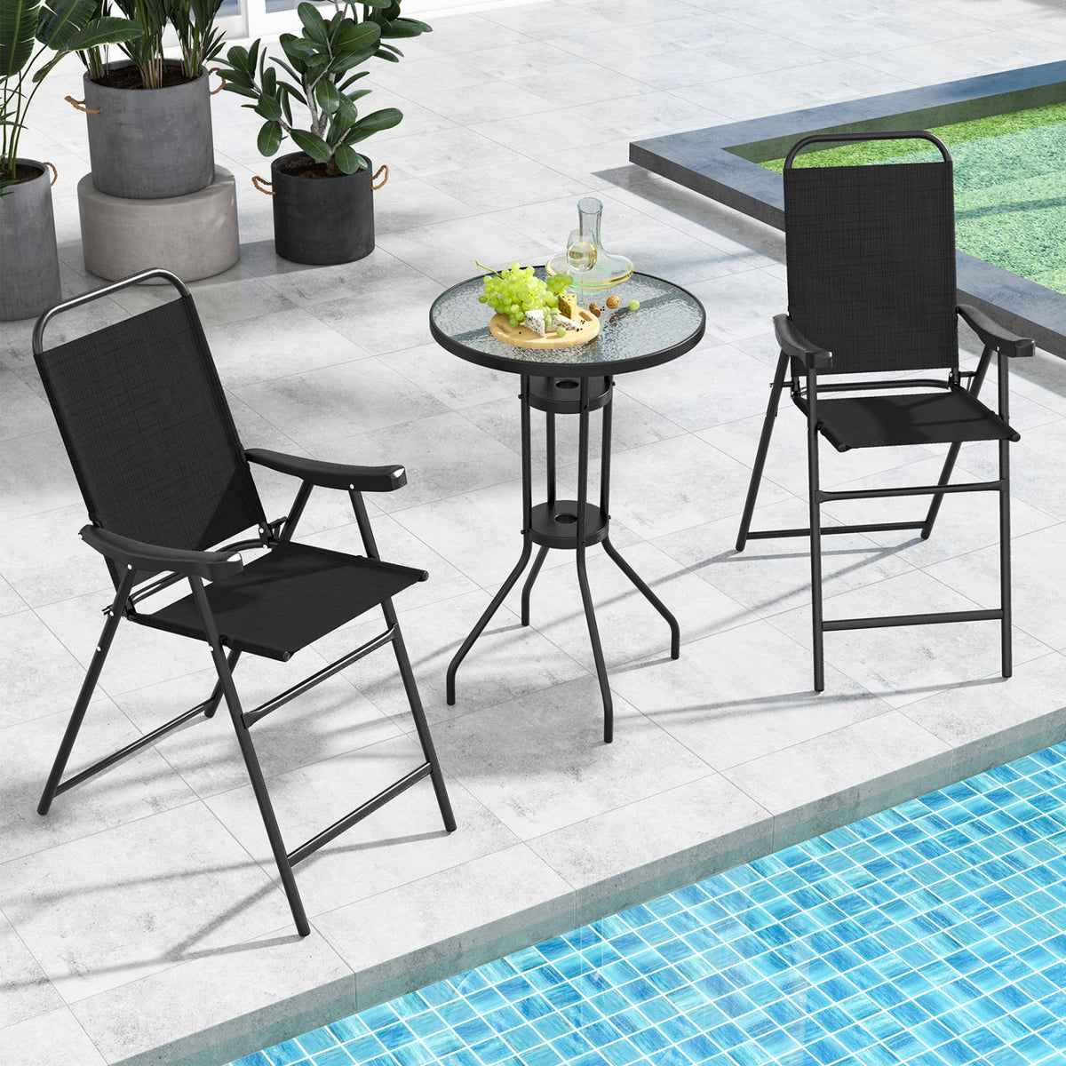 Patio Folding Bar Stool Set of 2 with Metal Frame and Footrest-Black