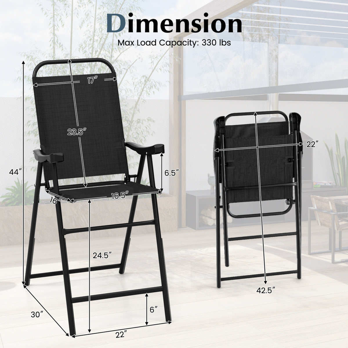 Patio Folding Bar Stool Set of 2 with Metal Frame and Footrest-Black