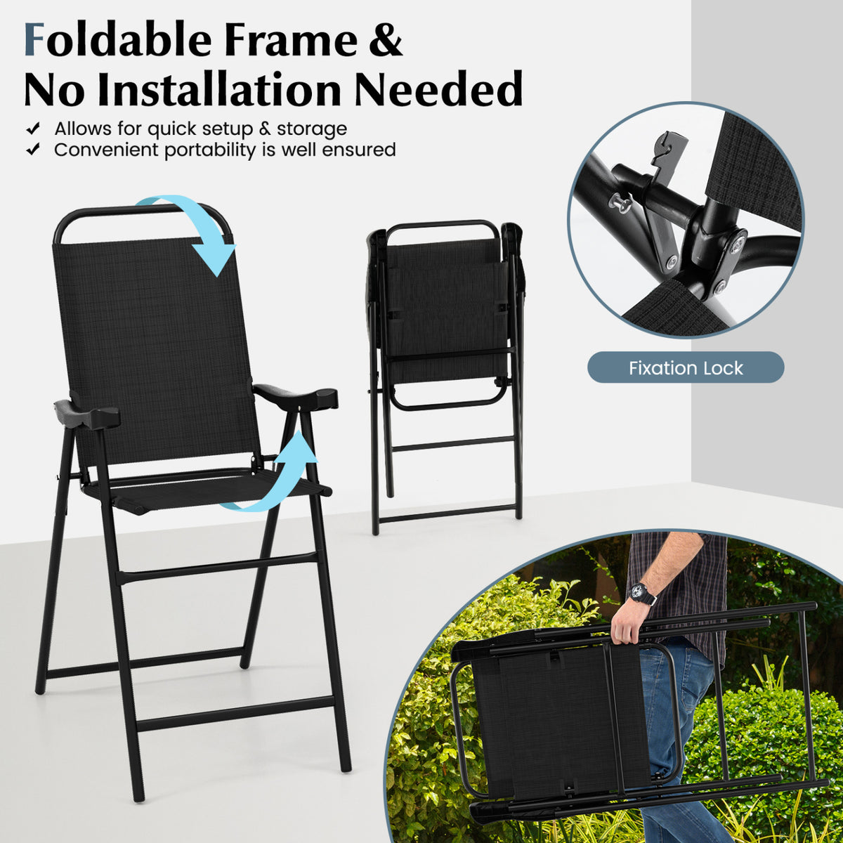 Patio Folding Bar Stool Set of 2 with Metal Frame and Footrest-Black
