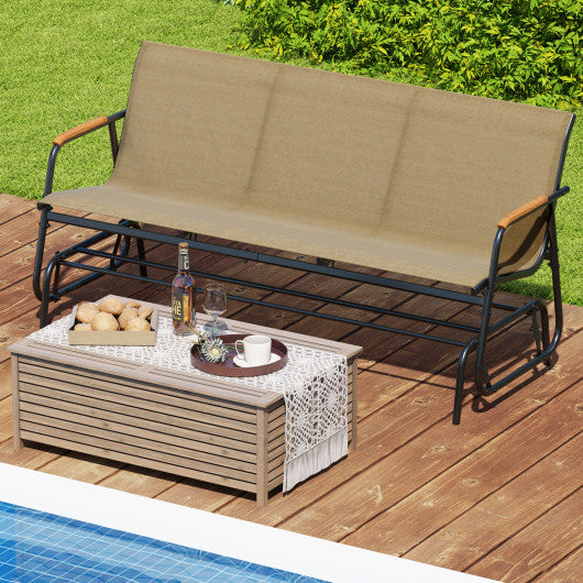 Patio Glider Bench with Curved Teak Armrests and Breathable Fabric Seat for 3 People-Brown
