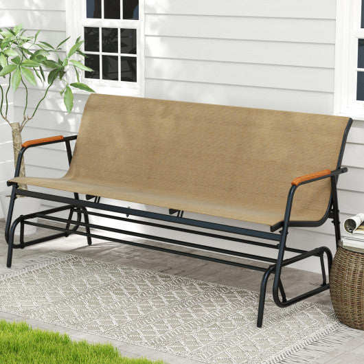 Patio Glider Bench with Curved Teak Armrests and Breathable Fabric Seat for 3 People-Brown
