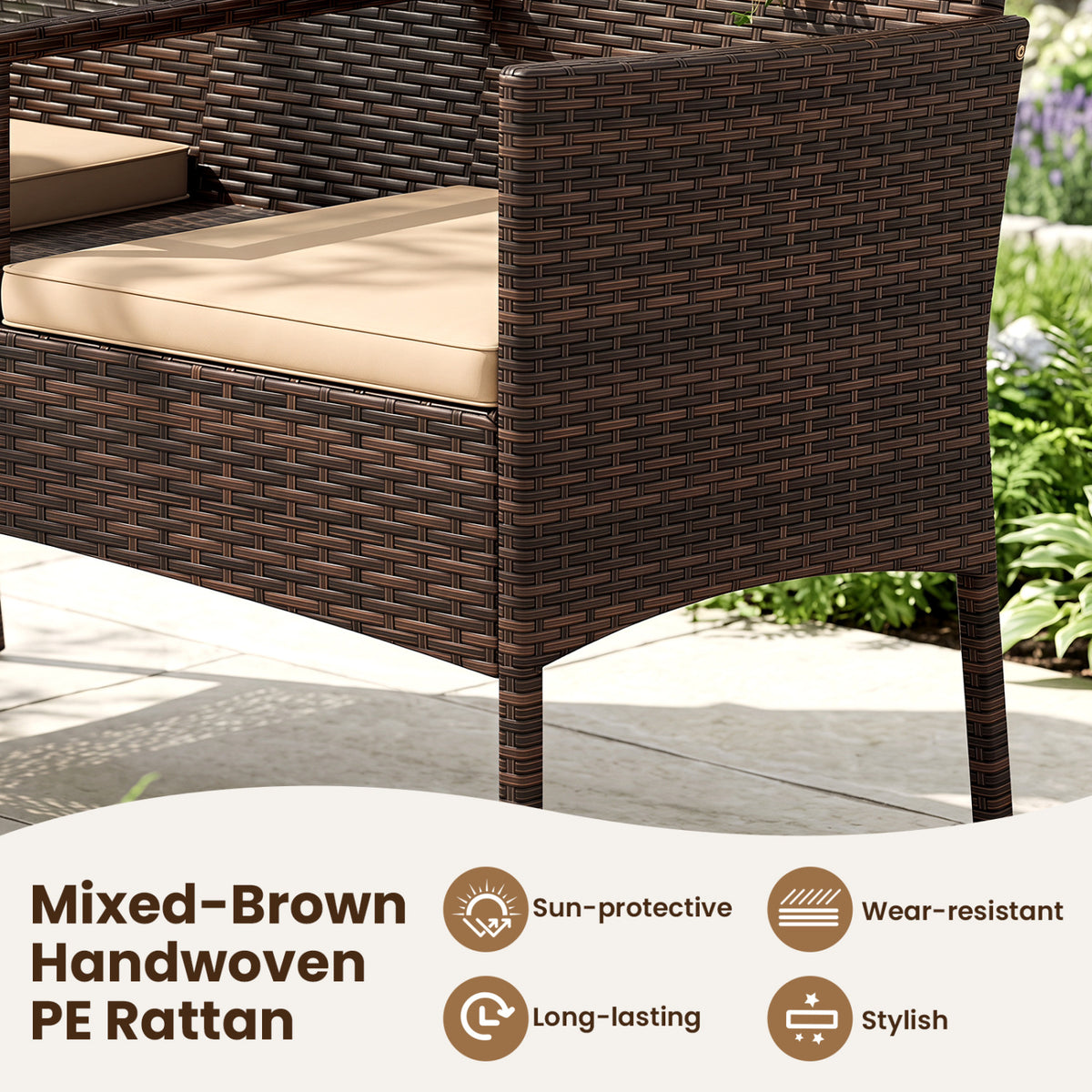Patio Loveseat Wicker 2-Seat Conversation Set with Built-in Coffee Table-Brown